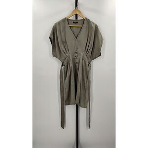Quince Olive Green Short Sleeve Button-Front Blouse with Waist Ties